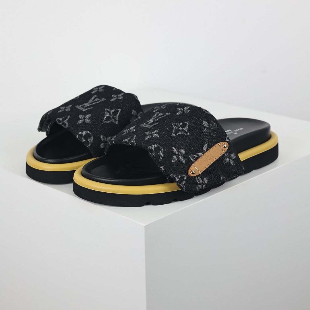 L***V Black Monogram Canvas Gold Safety Pin Platform Slide Sandals — 2024 Spring Summer Boutique Limited Edition