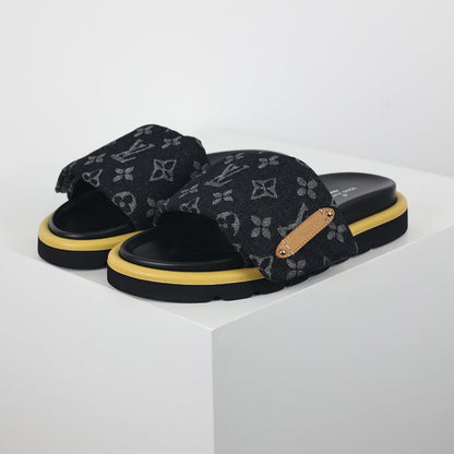 L***V Black Monogram Canvas Gold Safety Pin Platform Slide Sandals — 2024 Spring Summer Boutique Limited Edition