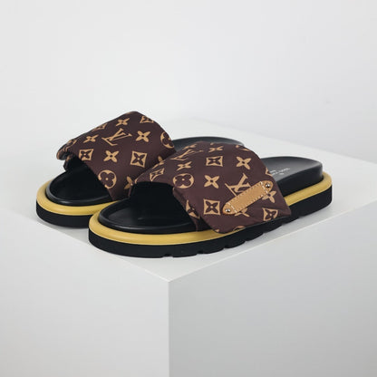 L***V Brown Classic Monogram Canvas Gold Safety Pin Platform Slide Sandals — 2024 Spring Summer Boutique Limited Edition