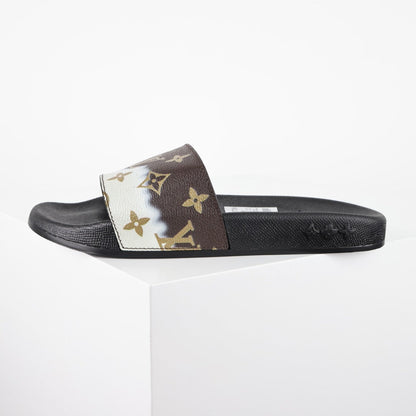 L***V Brown Cream Split Colorblock Monogram Waterfront Wide Strap Slide Sandals — Spring Summer Boutique Limited Edition