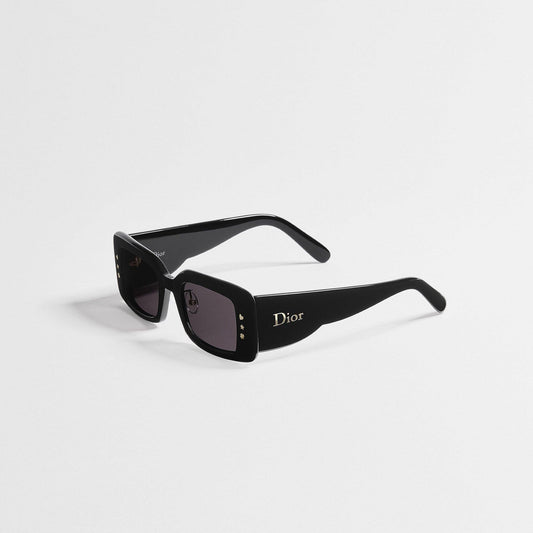D**R Slim Rectangular Sunglasses | Glossy Black Frame, Dark Grey Lenses & Silver Logo Temple