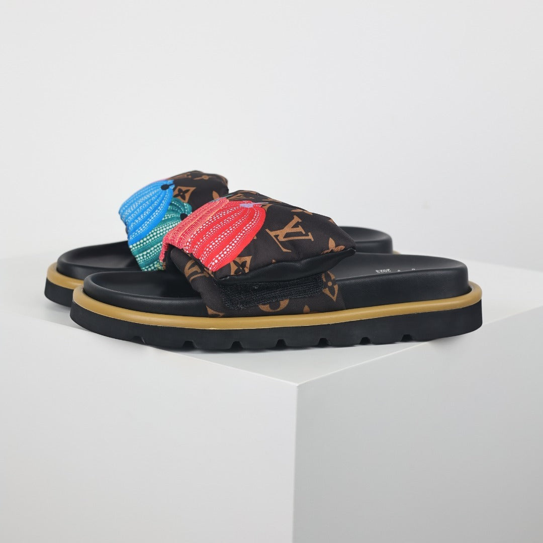 L***V Brown Monogram Canvas Multicolor Tassel Double Strap Platform Slide Sandals — Spring Summer Boutique Limited Edition
