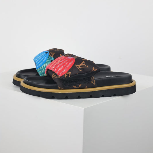 L***V Brown Monogram Canvas Multicolor Tassel Double Strap Platform Slide Sandals — Spring Summer Boutique Limited Edition