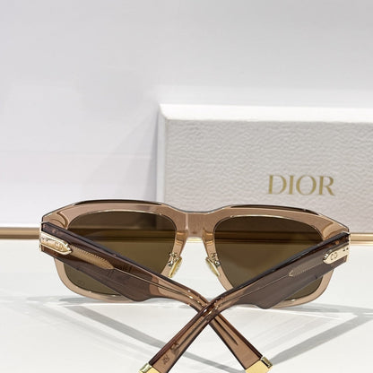 D**R Bold Square Acetate Sunglasses | Transparent Champagne-Brown Frame, Gold CD Metal Inlay, Three-Rivet Temple, Flat Brown Lenses