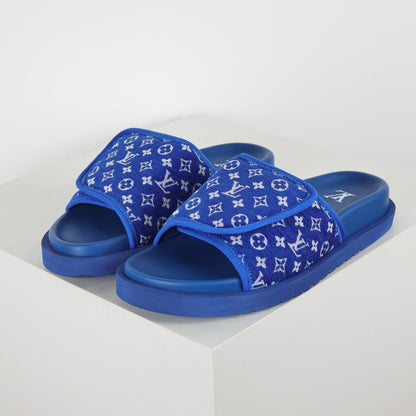 L***V Royal Blue Monogram Jacquard Twisted Bow Ruched Strap Miami Slide Sandals — Spring Summer Boutique Limited Edition