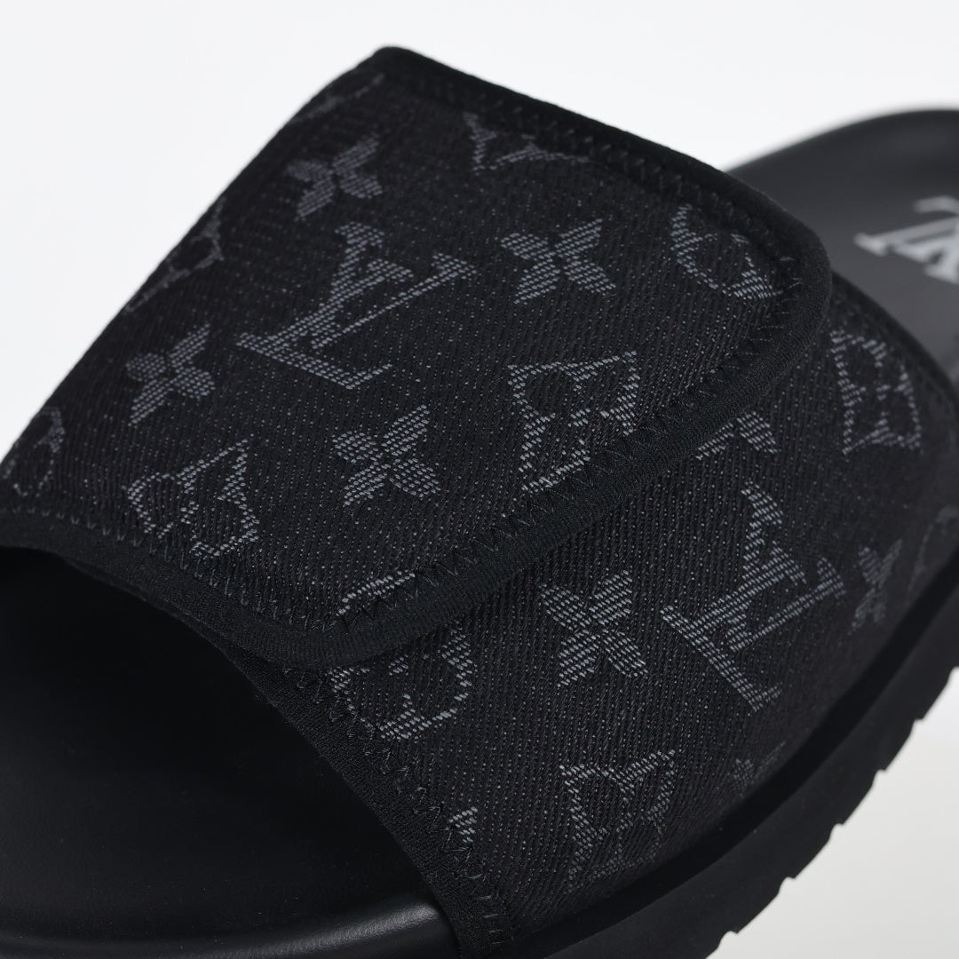 L***V All-Black Tonal Monogram Jacquard Twisted Bow Ruched Strap Miami Slide Sandals — Spring Summer Boutique Limited Edition