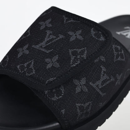 L***V All-Black Tonal Monogram Jacquard Twisted Bow Ruched Strap Miami Slide Sandals — Spring Summer Boutique Limited Edition