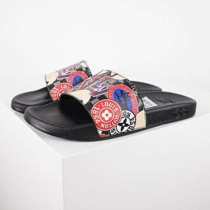 L***V White Multicolor Circular Badge Travel Sticker Print Waterfront Wide Strap Slide Sandals — Spring Summer Boutique Limited Edition