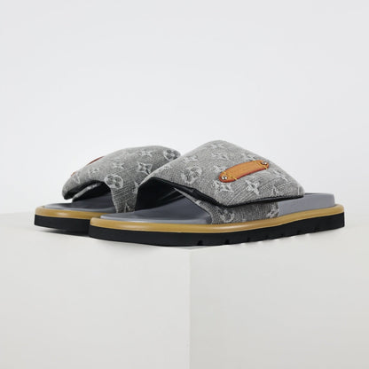 L***V Grey Denim Monogram Canvas Leather Buckle Strap Wide Band Platform Slide Sandals — Spring Summer Boutique Limited Edition