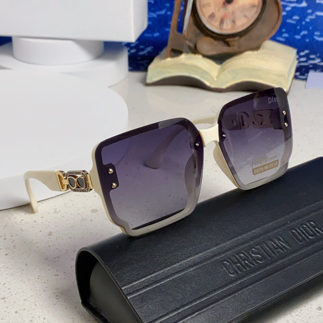 D**R Oversized Square Sunglasses | Cream Frame, Gold CD Logo Temple & Blue-Grey Gradient Lenses