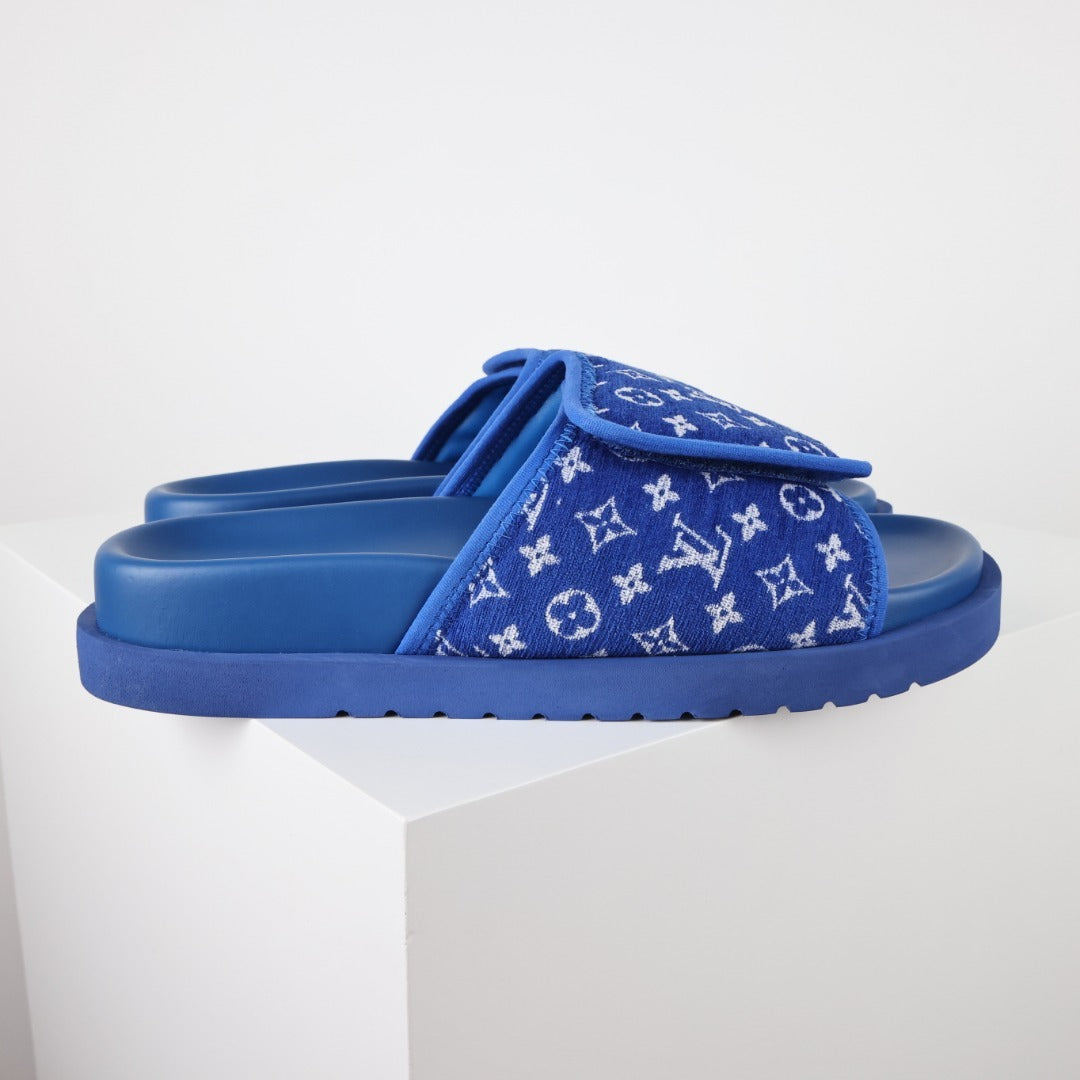 L***V Royal Blue Monogram Jacquard Velcro Adjustable Wide Strap Miami Slide Sandals — Spring Summer Boutique Limited Edition