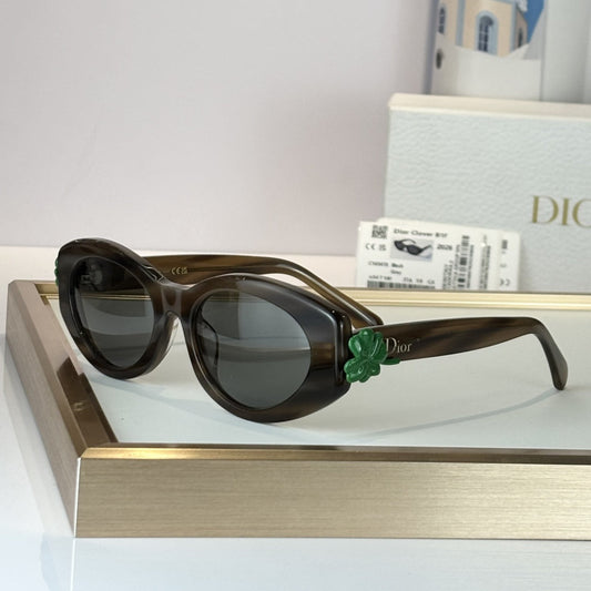 D**R Oval Cat-Eye Sunglasses | 3D Clover Charm Hinge, Thick Acetate Frame in Olive, Black & White Marble, Flat Grey Lenses | 6 Colors