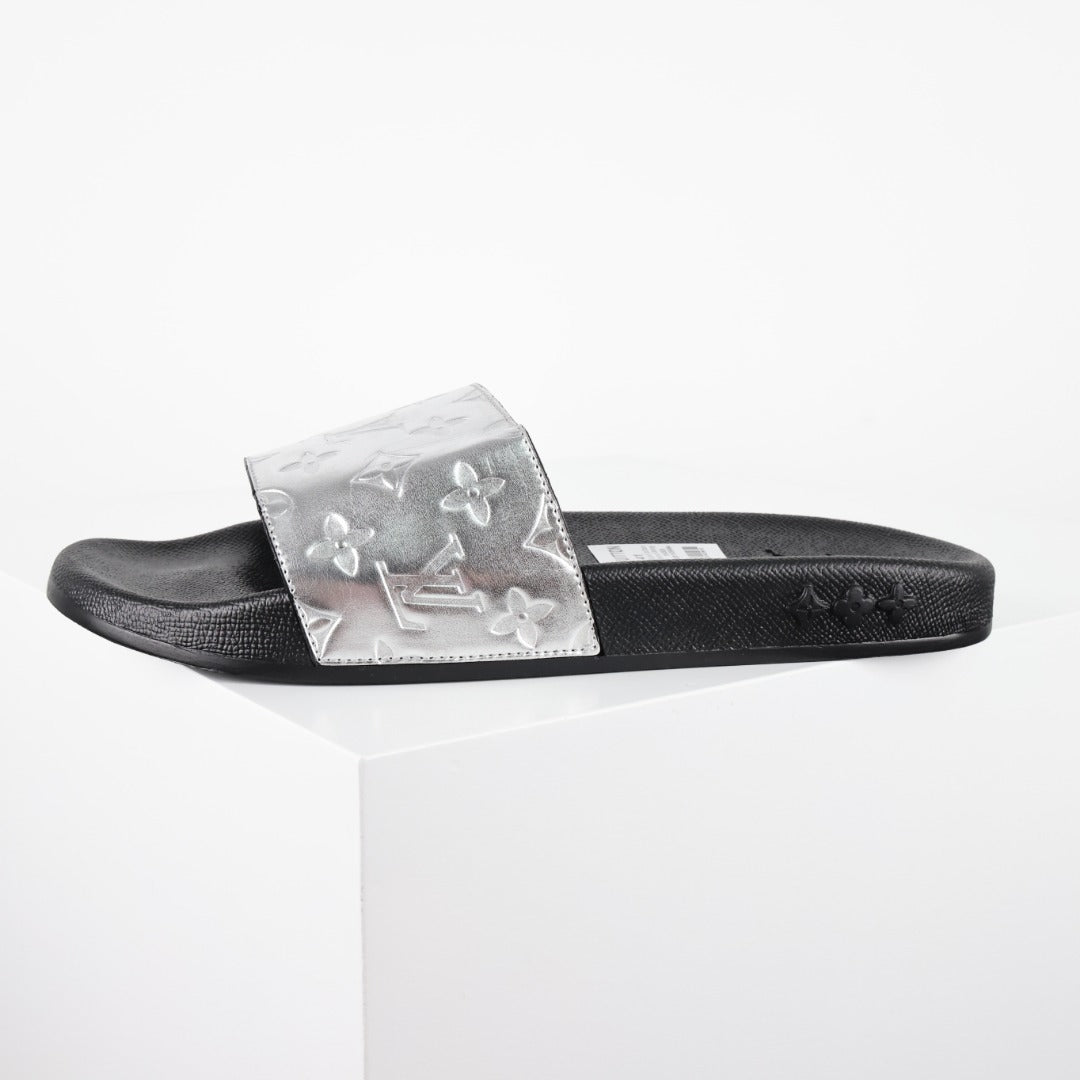 L***V Silver Mirror Metallic Embossed Monogram Waterfront Wide Strap Slide Sandals — Spring Summer Boutique Limited Edition