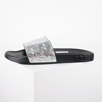 L***V Silver Mirror Metallic Embossed Monogram Waterfront Wide Strap Slide Sandals — Spring Summer Boutique Limited Edition
