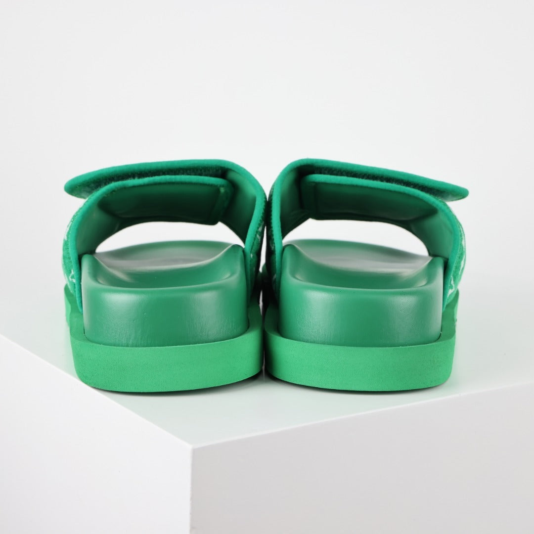 L***V Grass Green Monogram Woven Jacquard Velcro Adjustable Wide Strap Miami Slide Sandals — Spring Summer Boutique Limited Edition
