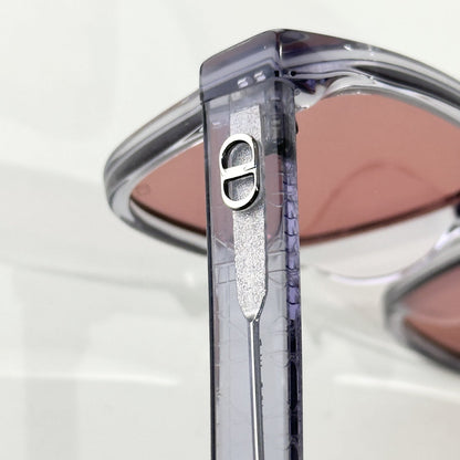 D**R Square Sunglasses | Crystal Grey Transparent Frame, Rose Pink Lenses & Black CD Logo Hinge