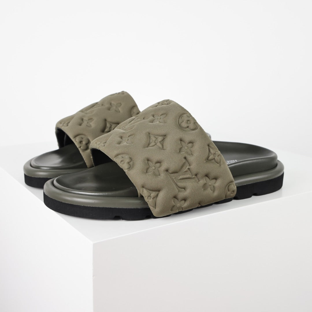 L***V Monogram Embossed Suede Slide Sandals — Quilted Wide Band Slip-On Pool Beach Slippers (8 Colors)