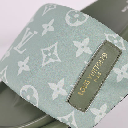 L***V Sage Green Tonal Monogram Canvas Wide Strap Platform Slide Sandals — 2024 Spring Summer Boutique Limited Edition