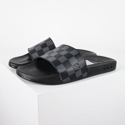 L***V Damier Graphite All-Black Waterfront Wide Strap Slide Sandals — Spring Summer Boutique Limited Edition