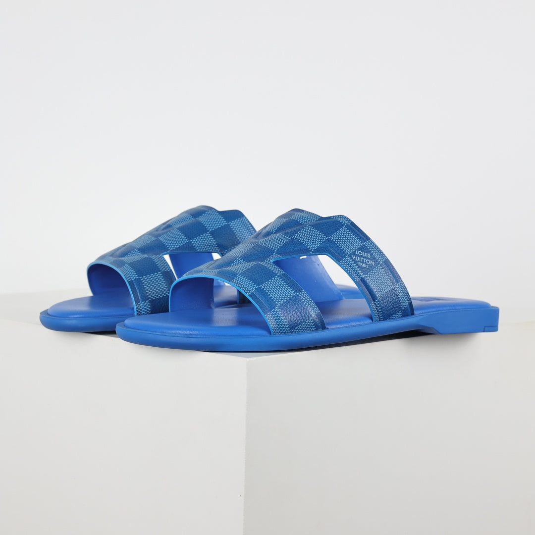 L***V Cobalt Blue Damier Embossed Leather H-Strap Multi-Band Oasis Flat Slide Sandals — Spring Summer Boutique Limited Edition