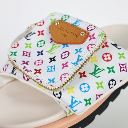 L***V White Multicolor Monogram Gold Zipper Bow Wide Strap Pool Pillow Slide Sandals — Spring Summer Boutique Limited Edition