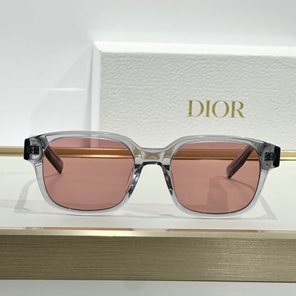 D**R Square Sunglasses | Crystal Grey Transparent Frame, Rose Pink Lenses & Black CD Logo Hinge