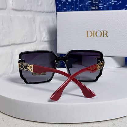 D**R Oversized Square Sunglasses | Black Frame, Red Temple, Gold CD Logo & Grey Gradient Lenses
