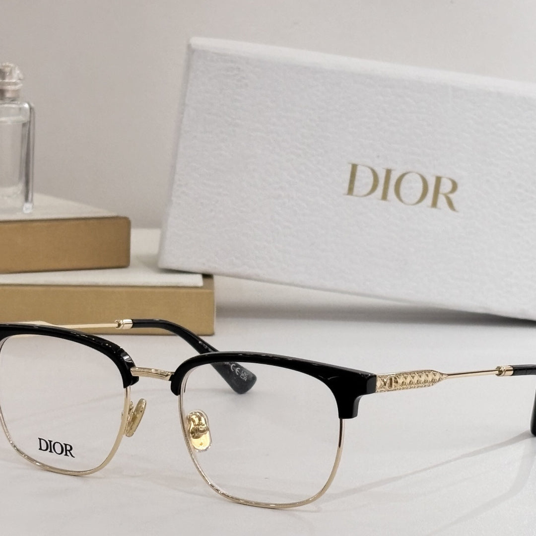 D**R DiorBlackSuit Browline Optical Glasses | Black & Gold Metal Half-Frame, Clear Lenses, Engraved Temple | Multiple Colors