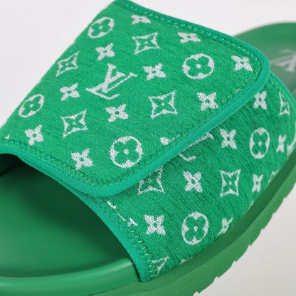 L***V Grass Green Monogram Jacquard Twisted Bow Ruched Strap Miami Slide Sandals — Spring Summer Boutique Limited Edition