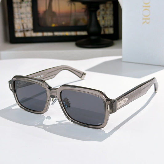 D**R Thick Rectangular Sunglasses with Chunky Smoky Grey Transparent Acetate Frame, Dark Grey Solid Lenses & Silver CD Badge Hardware