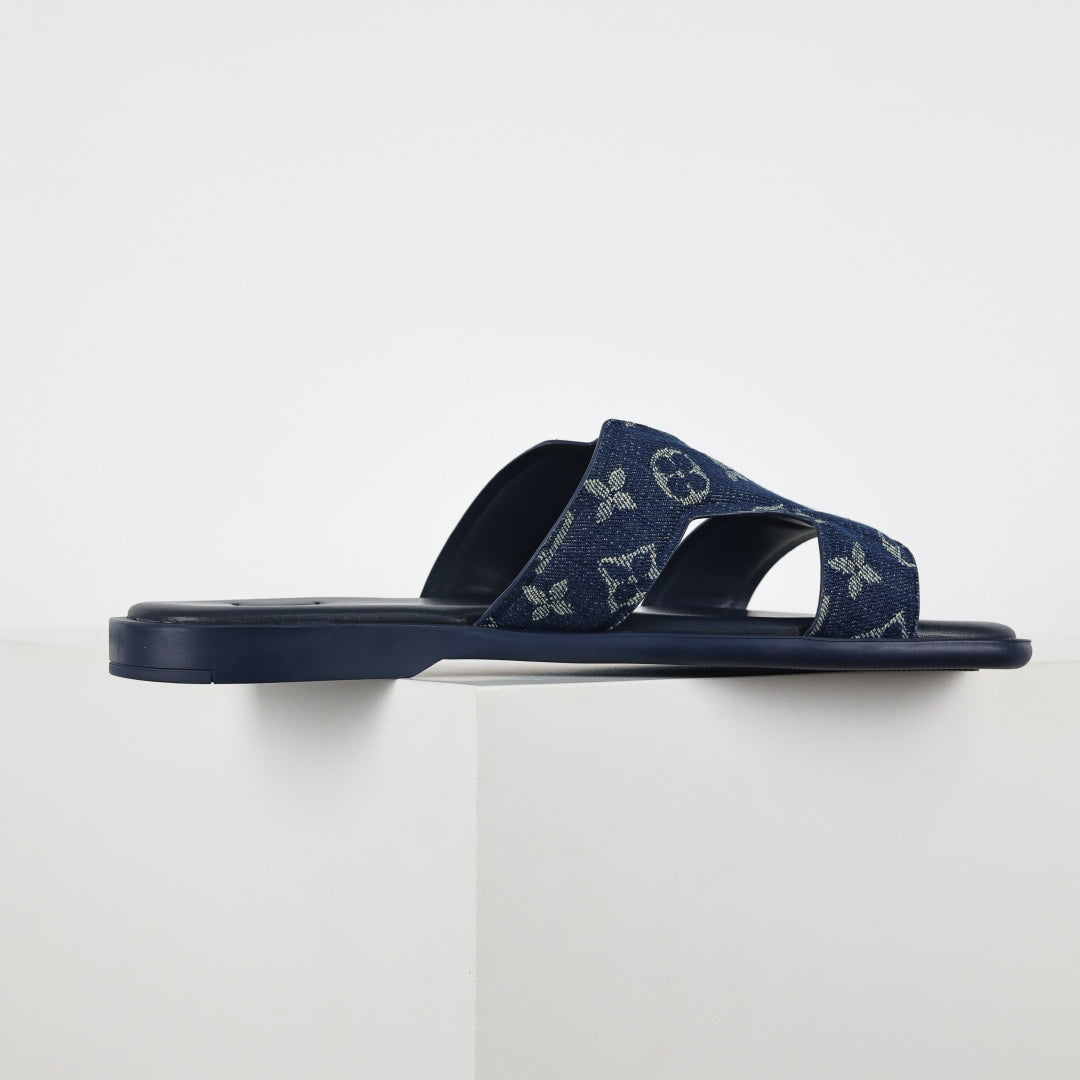 L***V Navy Blue Monogram Denim Jacquard H-Strap Multi-Band Oasis Flat Slide Sandals — Spring Summer Boutique Limited Edition