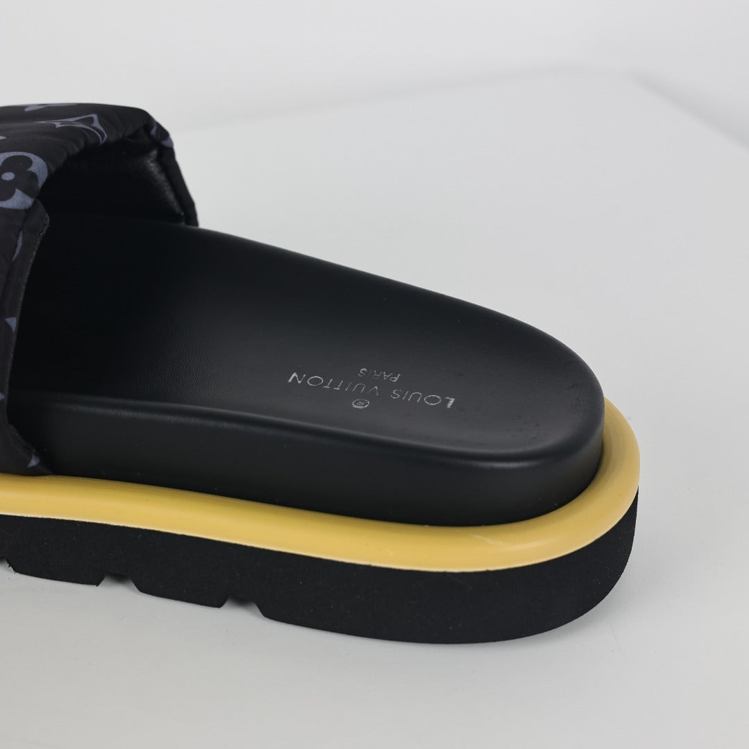 L***V Black Monogram Canvas Platform Slide Sandals — 2024 Spring Summer Boutique Limited Edition
