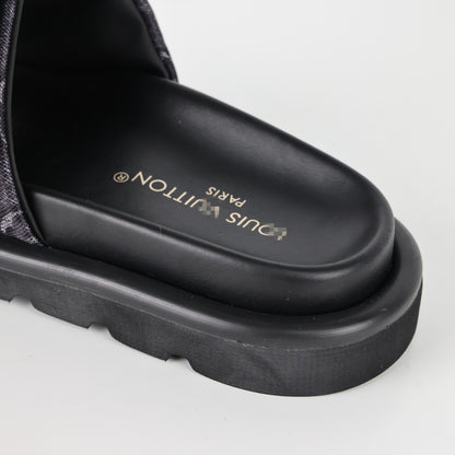 L***V Monogram Embossed Velcro Strap Slide Sandals — All-Black Wide Band Pool Beach Slippers (8 Colors)