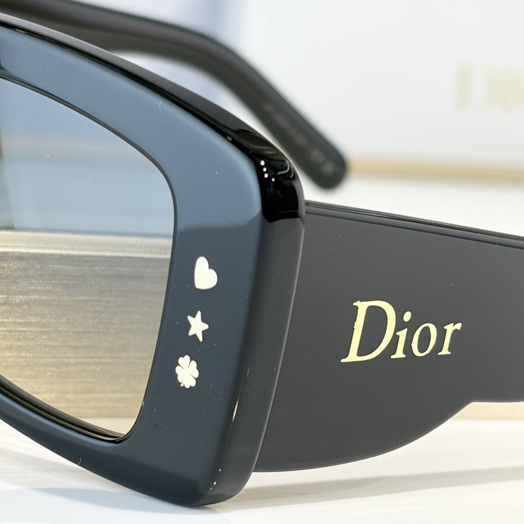 D**R Slim Rectangular Sunglasses | Black Acetate Frame, Warm Grey Gradient Lenses & Gold Logo Temple