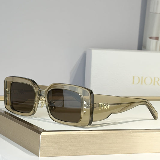 D**R Slim Rectangular Sunglasses | Transparent Khaki Frame, Brown Lenses & Gold Logo Temple
