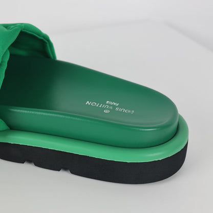 L***V Kelly Green Tonal Monogram Puffy Quilted Wide Strap Platform Slide Sandals — 2024 Spring Summer Boutique Limited Edition