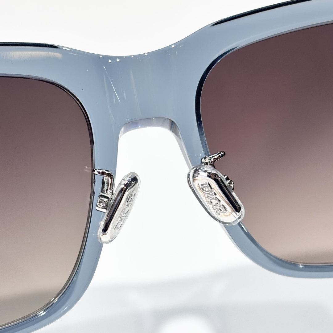 D**R Oversized Square Acetate Sunglasses | Transparent Smoke-Blue Frame, CD Rivet, Christian Dior Temple, Light Gradient Lenses