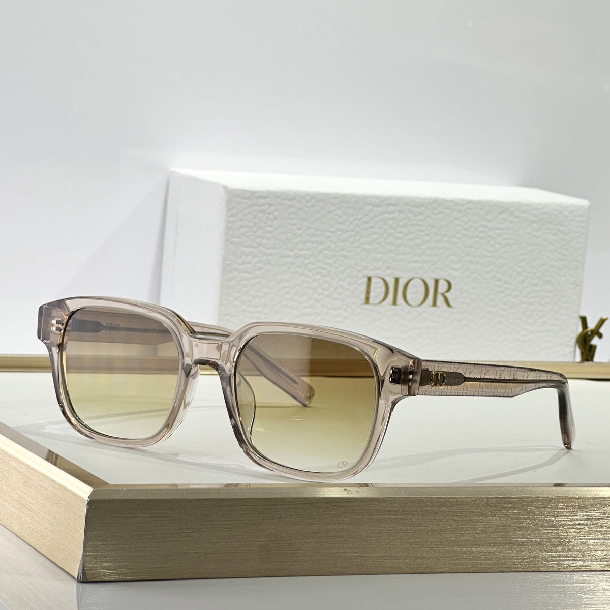 D**R Square Sunglasses | Transparent Champagne Frame, Honey Brown Gradient Lenses & Black CD Logo Hinge | 6 Colorways