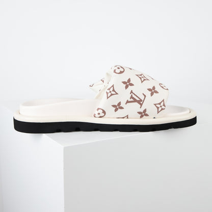 L***V Monogram Canvas Velcro Strap Slide Sandals — SS24 Cream Wide Band Slip-On Pool Beach Slippers (4 Colors)
