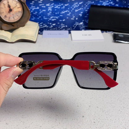 D**R Oversized Square Sunglasses | Black Frame, Red Temple, Gold CD Logo & Grey Gradient Lenses