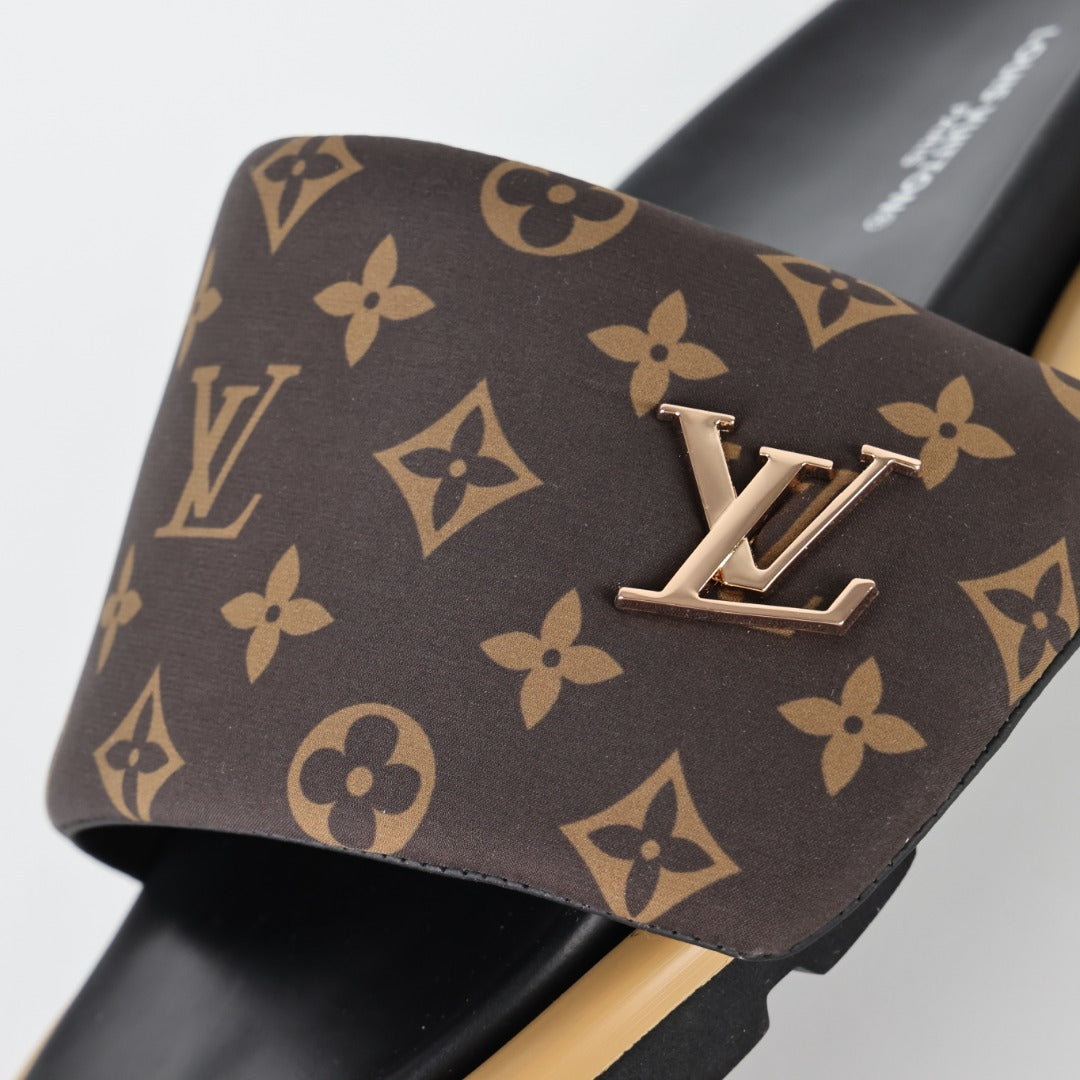 L***V Monogram Canvas LV Logo Slide Sandals — SS24 Gold Hardware Wide Band Slip-On Pool Beach Slippers (4 Colors)