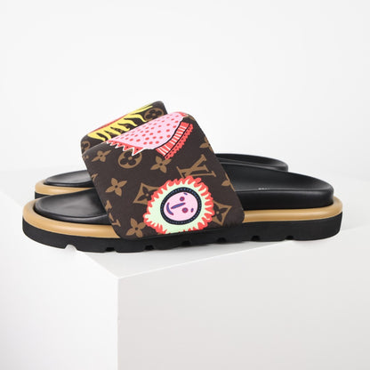 L***V Monogram Graffiti Slide Sandals — Limited Edition Print Single Strap Pool Slippers (4 Colors)