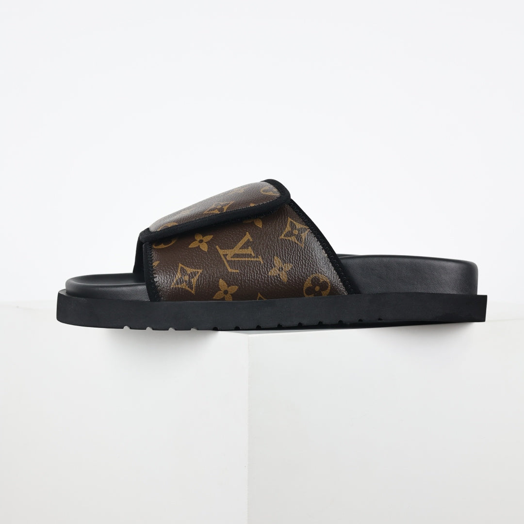L***V Classic Brown Monogram Canvas Pillow Wide Strap Slip-On Miami Slide Sandals — Spring Summer Boutique Limited Edition
