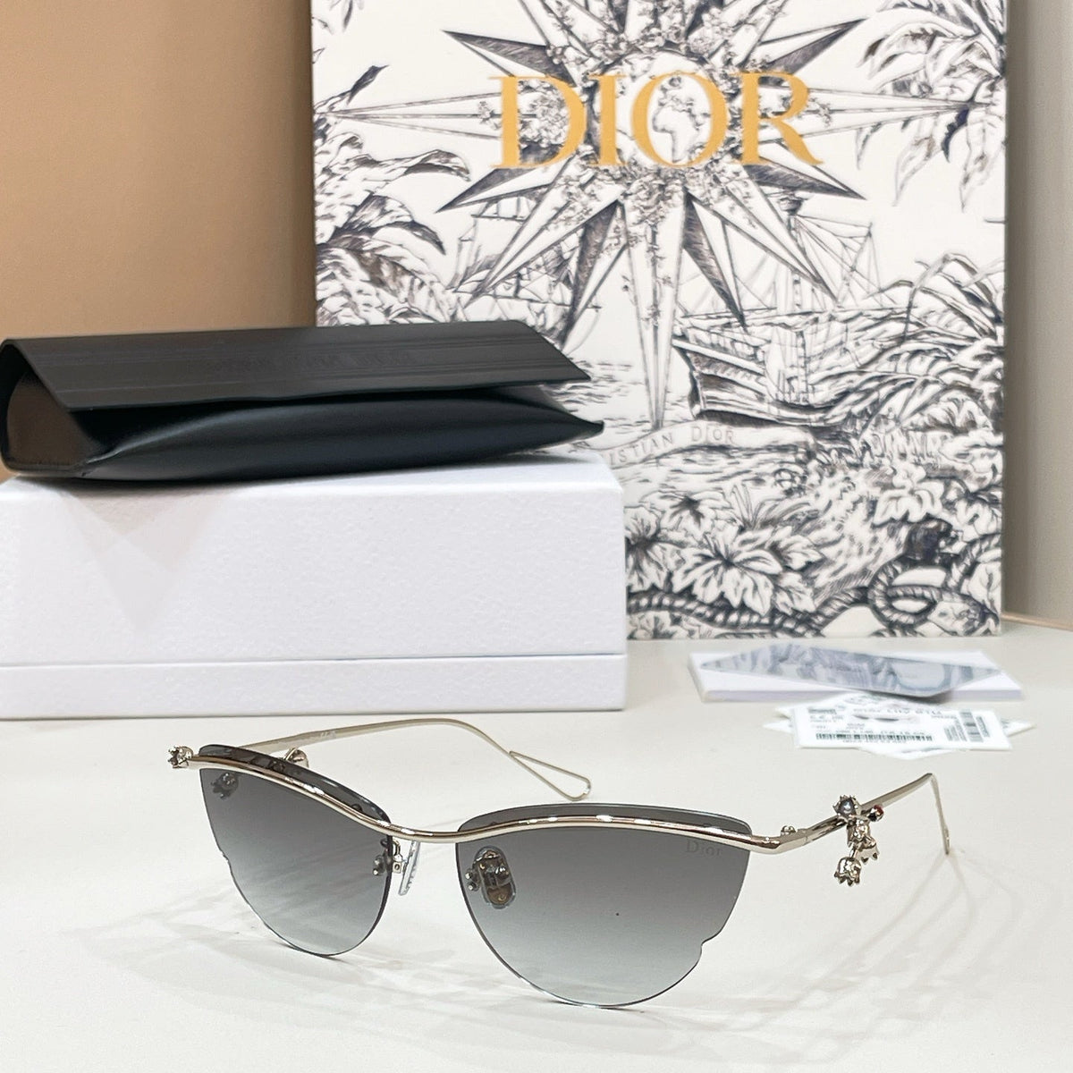D**R Semi-Rimless Cat-Eye Sunglasses with Silver Frame, Grey Gradient Lenses & Figurine Charm Detail