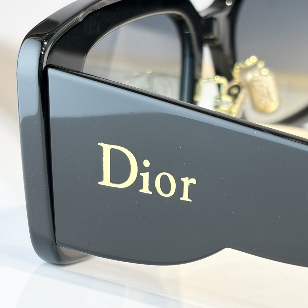 D**R Slim Rectangular Sunglasses | Black Acetate Frame, Warm Grey Gradient Lenses & Gold Logo Temple