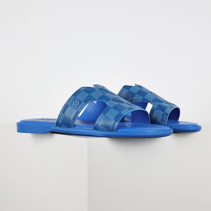 L***V Cobalt Blue Damier Embossed Leather H-Strap Multi-Band Oasis Flat Slide Sandals — Spring Summer Boutique Limited Edition
