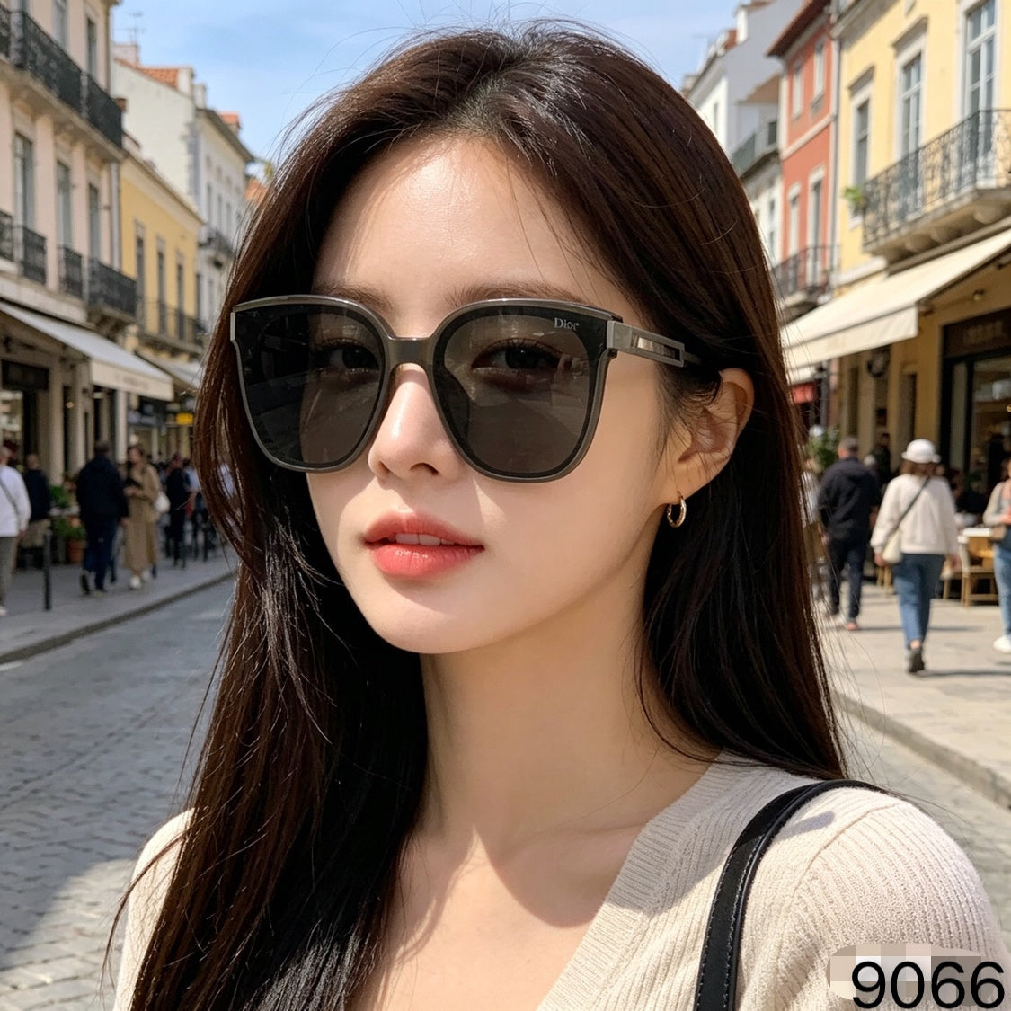 D**R Oversized Butterfly Sunglasses with Glossy Black Acetate Frame, Dark Grey Lenses & Geometric Open-Work Metal Bar Temples