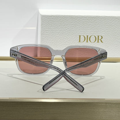 D**R Square Sunglasses | Crystal Grey Transparent Frame, Rose Pink Lenses & Black CD Logo Hinge