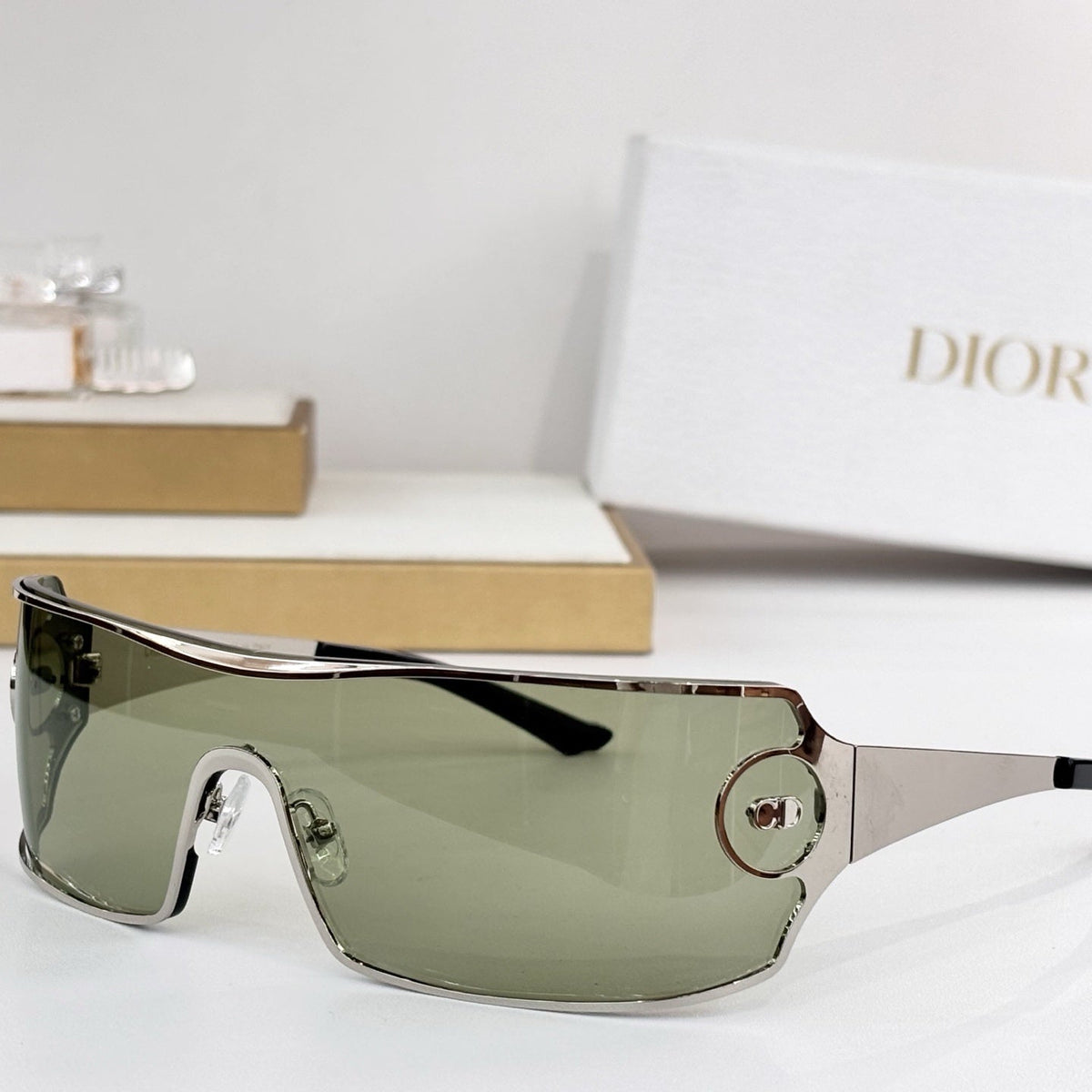 D**R Shield Wraparound Sunglasses | One-Piece Lens, Metal Frame, CD Circle Badge Temple, Silver & Gold | 6 Colors