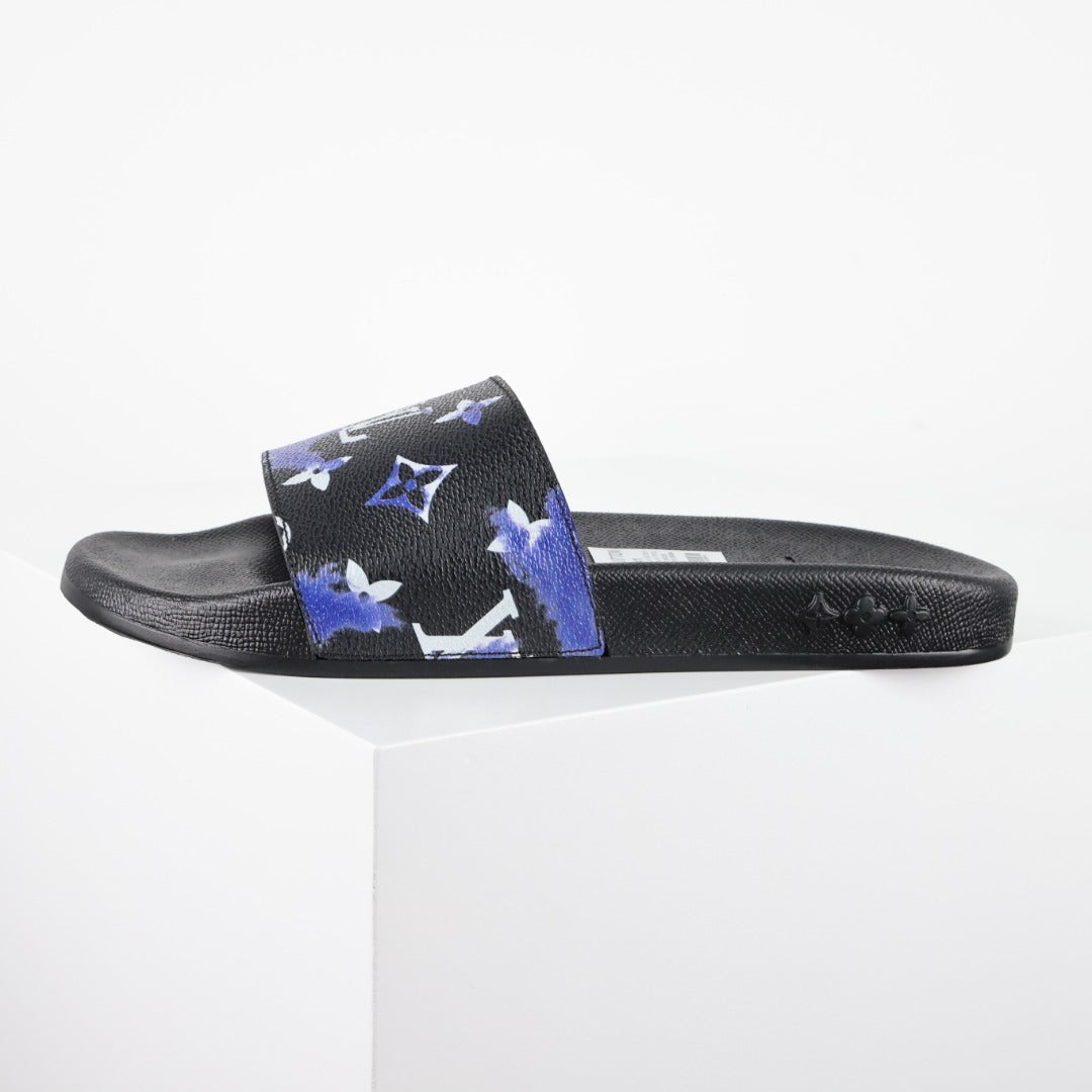 L***V Black Blue Purple Multicolor Monogram Floral Waterfront Wide Strap Slide Sandals — Spring Summer Boutique Limited Edition